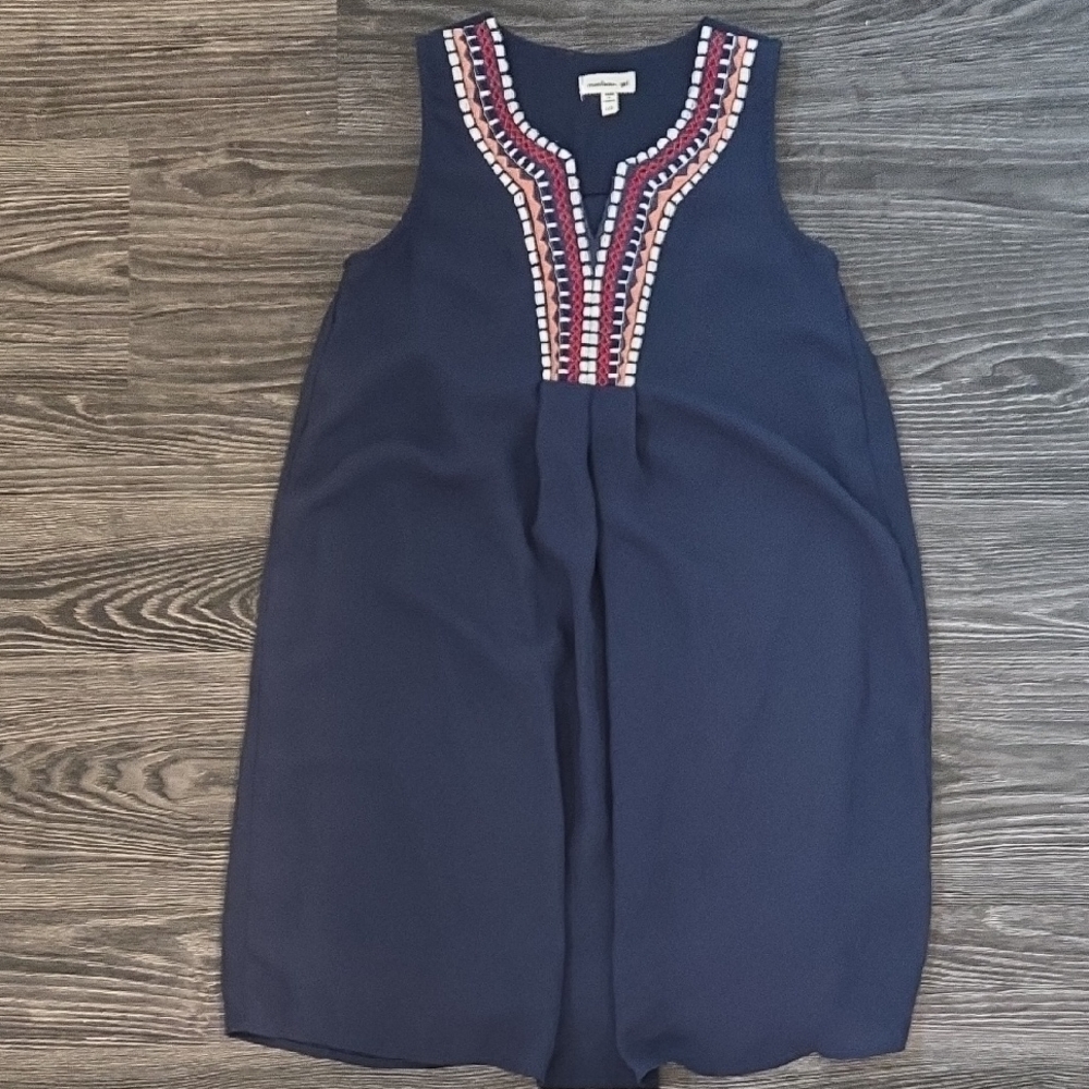 Monteau Girl Navy Dress with Embroidered Accents